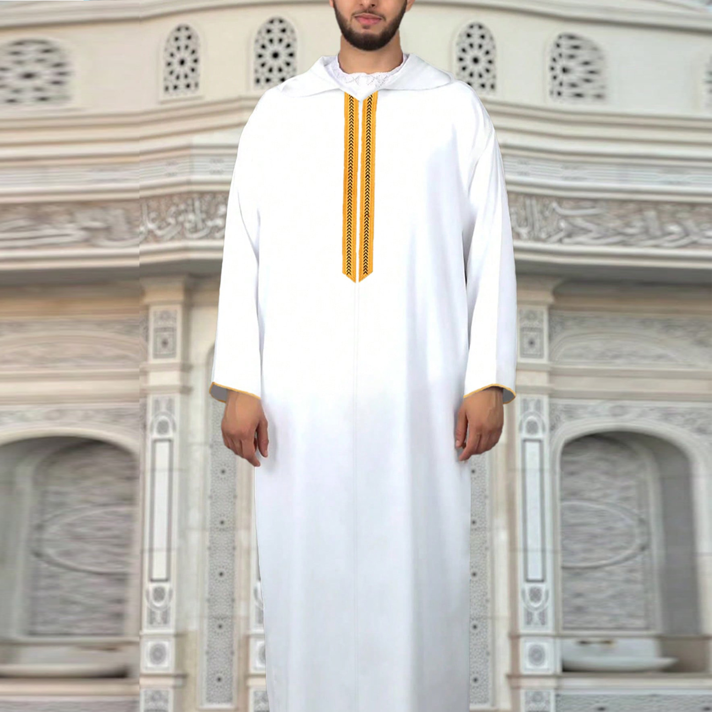 男士长袍刺绣民族服饰迪拜阿拉伯长袍连帽连体衣大褂Muslim Thobe