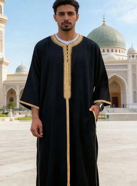 摩洛哥长袍男士绳绣非洲民族服饰迪拜阿巴亚男袍Muslim Arab Robe
