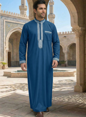 Muslim Men Thobe Gown Robe中东阿拉伯长袍男立领刺绣非洲礼拜服