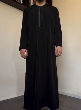 2025连帽刺绣休闲民族迪拜男装阿拉伯长袍Men Muslim Robe Thobe