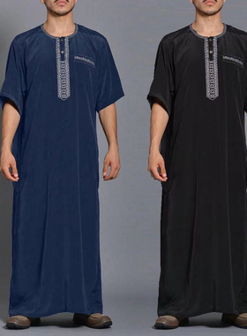 阿拉伯大褂刺绣宽松休闲连体大码袍子迪拜长袍Muslim Thobe Gown