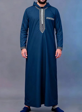 迪拜男长袍连帽刺绣穆斯林礼拜袍
