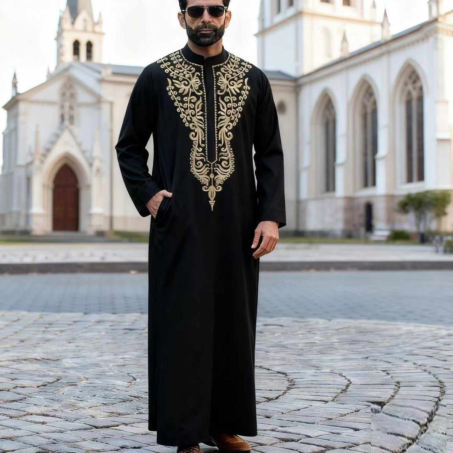 Arab Thobe男士长款袍子刺绣民族服饰宽松男袍大码礼服衬衫大袍