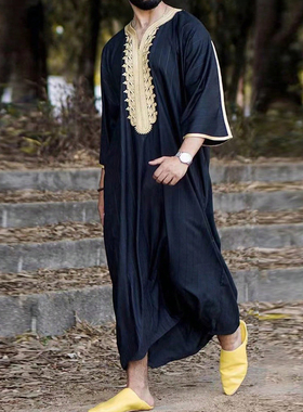 Arab Muslim Thobe民族风男士长袍宽松刺绣休闲穆斯林服装礼拜服