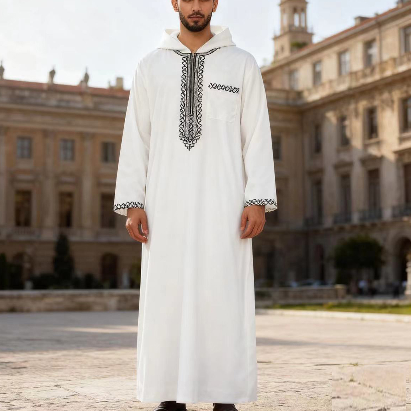 阿拉伯男士礼拜服刺绣连帽长袍