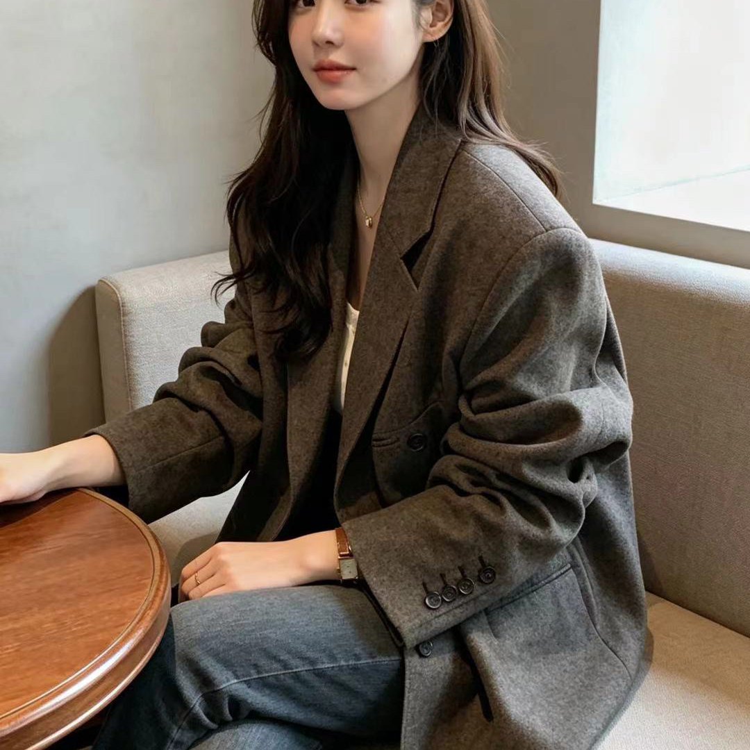 气质优雅 韩国时尚羊毛呢宽松大码西装夹克外套 呢子韩版西装外套