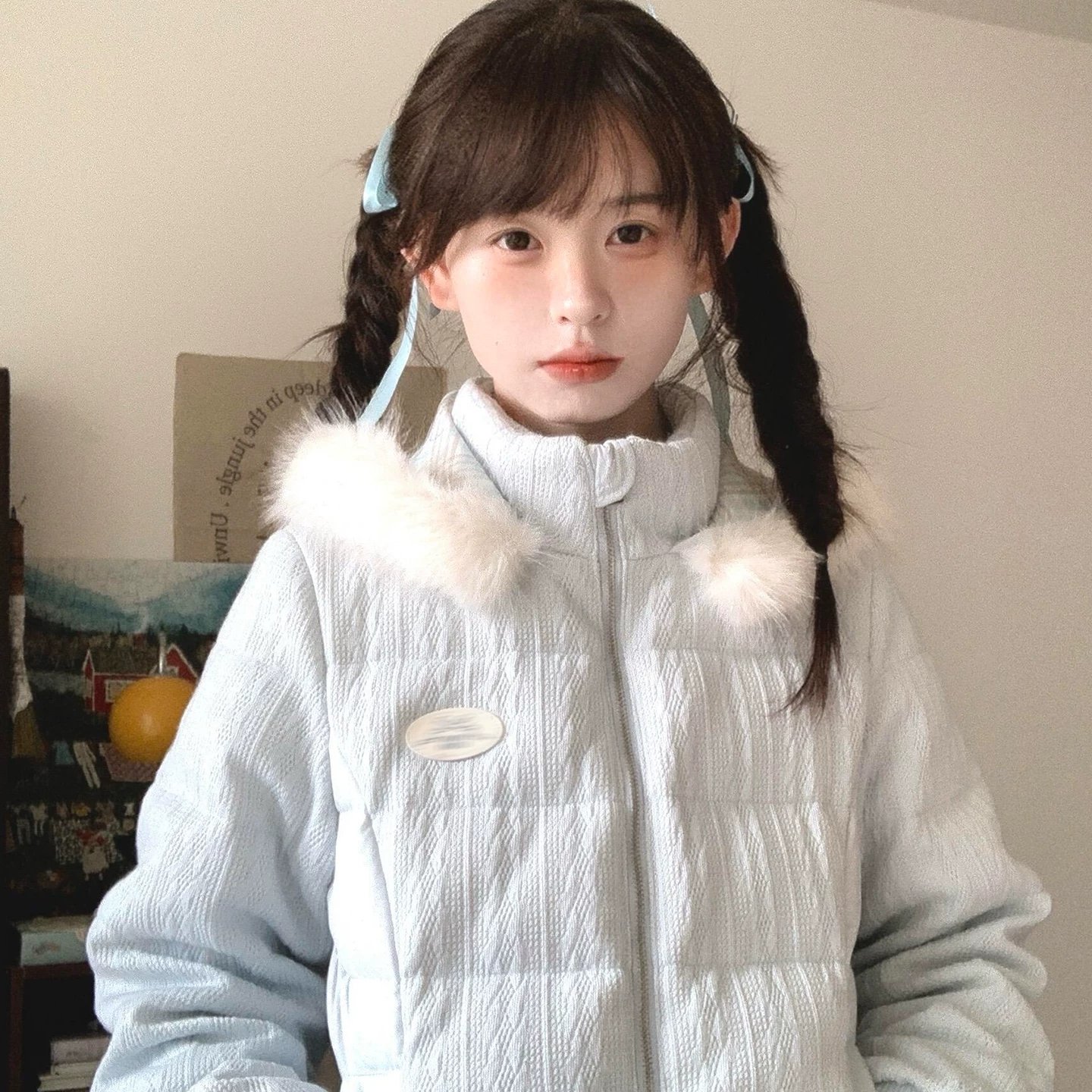 umoumo乌蘑温柔百搭小个子棉衣绞花毛织拼接连帽毛领收腰外套女