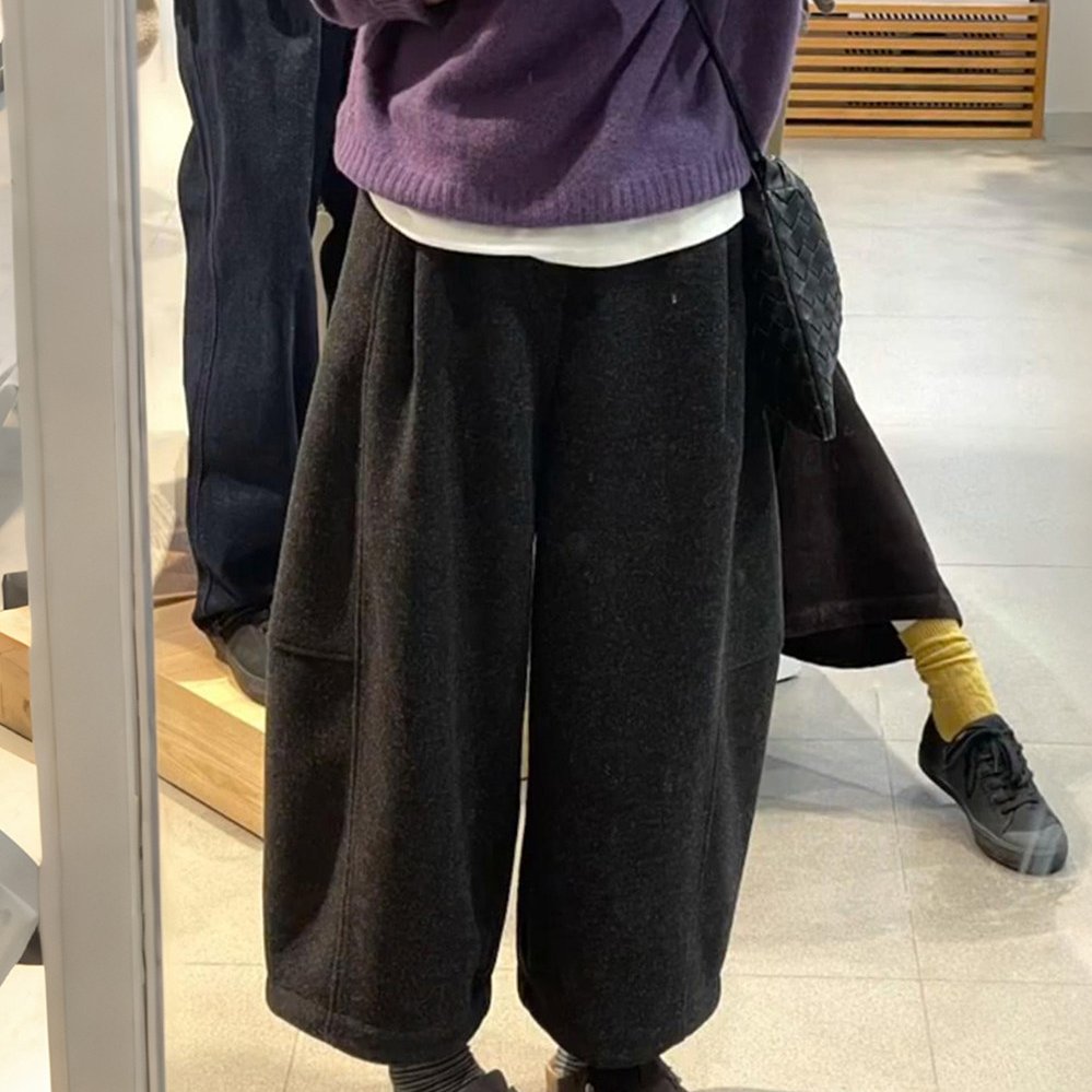 韩系八分毛呢裤女大码弯刀裤小个子梨形身材胖mm巨显瘦灰色阔腿裤