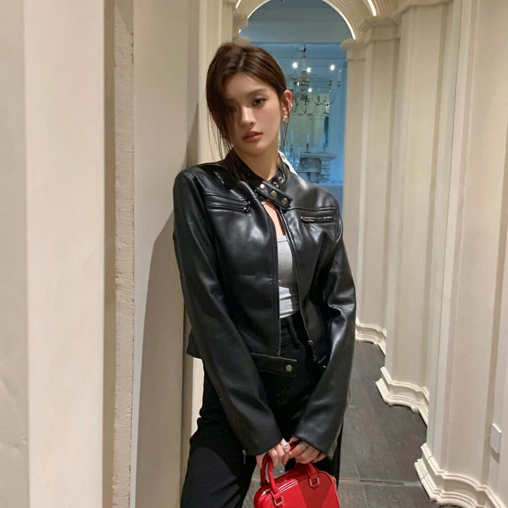 实拍2024秋冬新款美式复古经典黑色酷女孩立领机车皮衣女外套上衣