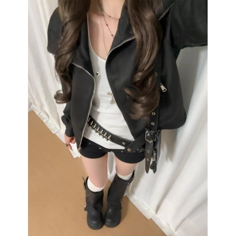 美式复古黑色翻领短款外套女2026秋季设计感小个子宽松夹克上衣潮