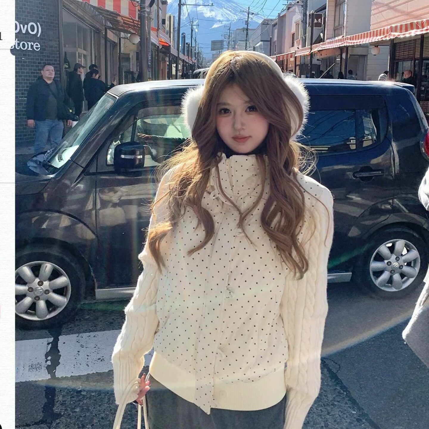 波点灯芯绒羽绒棉服女针织袖冬季新款加厚宽松毛衣面包服短款外套