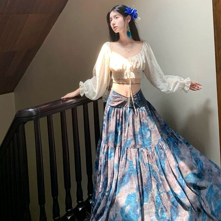 大西北新疆西藏度假风旅游穿搭女装夏日漂亮多巴胺大摆长裙子女