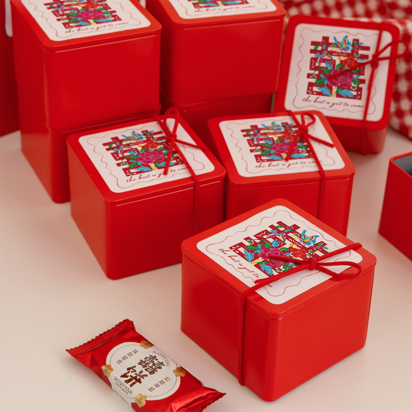 网红爆款结婚伴手礼喜糖盒马口铁茶叶罐加印方形红色婚庆礼品盒子