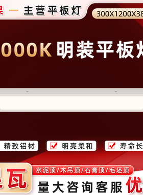 300x1200平板灯5000k明装led吸顶灯30x120办公室店铺免开孔面板灯