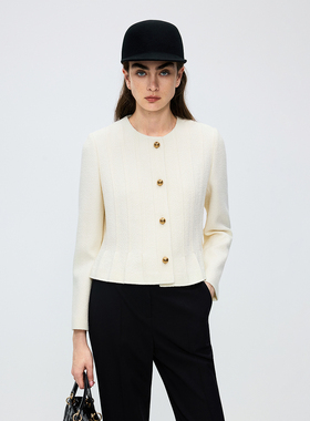 朗姿法式圆领白色小香风短外套女设计感鱼尾下摆2025年冬季新款