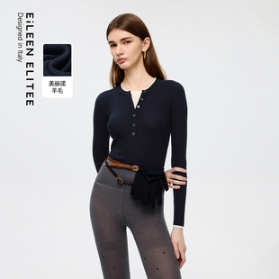 新款 朗姿欧洲EiLEEN 毛衣2025年秋季 纯羊毛针织衫 ELITEE复古修身