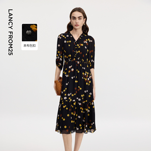 新款 裙女士2026年夏季 田园碎花连衣裙黑色优雅V领短袖 朗姿法式
