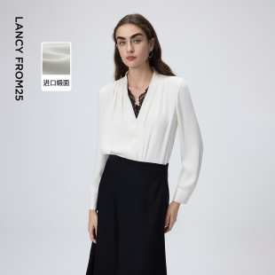 新款 气质通勤上衣2026年春季 女 v领缎面蕾丝撞色拼接衬衫 朗姿法式