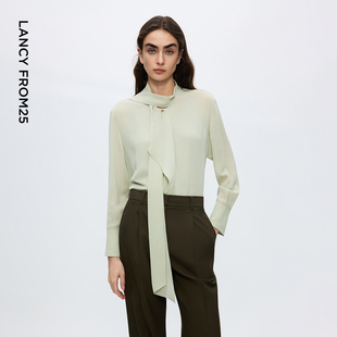 新款 女飘带领通勤风上衣2025年冬季 荷叶边优雅衬衫 朗姿法式