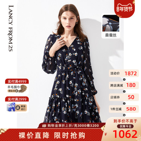 朗姿印花薄款乔其真丝裙2021年夏季新品气质宽松连衣裙商品大图