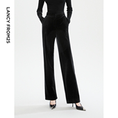 女士长裤 朗姿黑色丝绒高腰垂感显瘦直筒裤 休闲裤 新款 子高级感 秋季