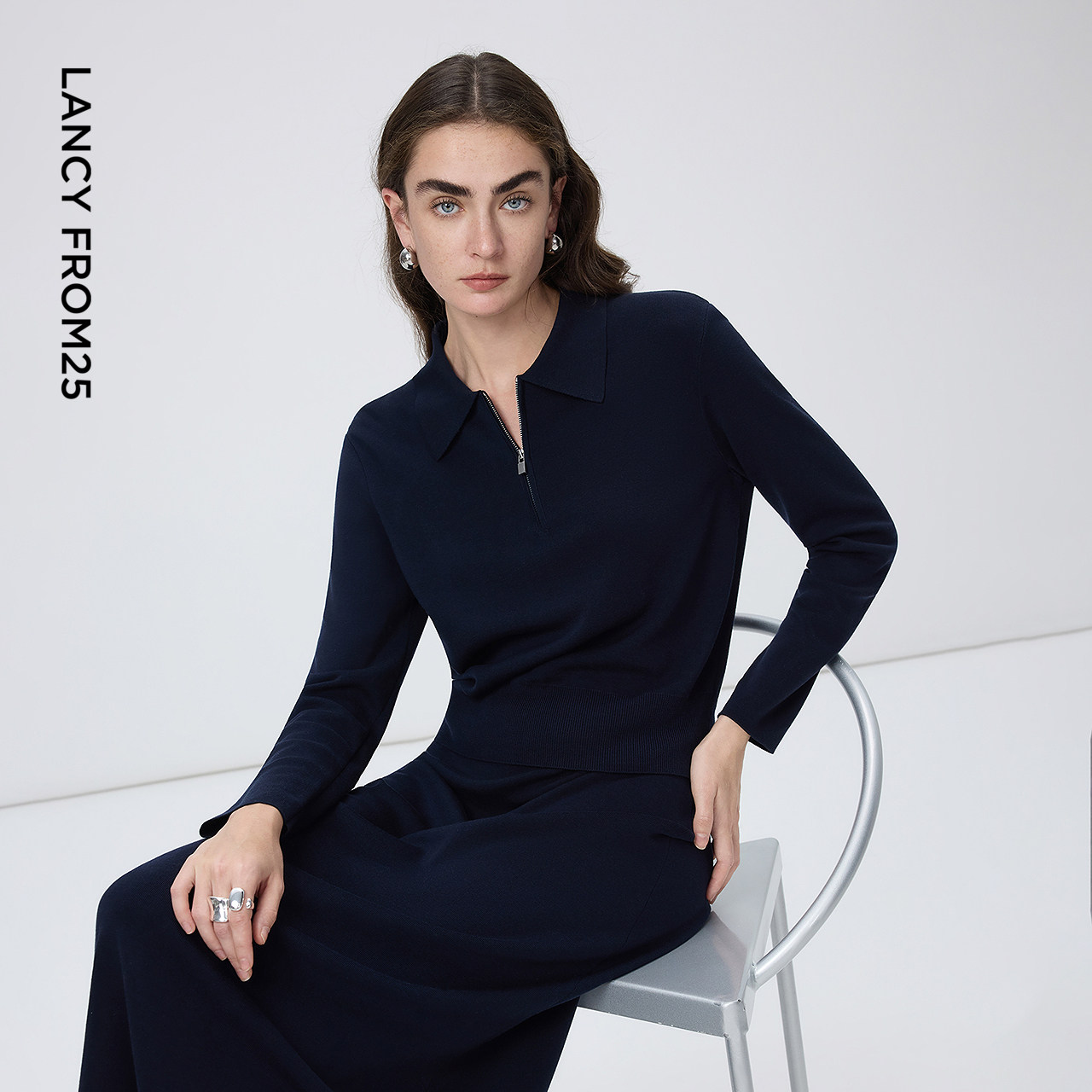 朗姿POLO领毛衣修身正肩拉链毛针织衫/半身裙通勤2026年春季新款