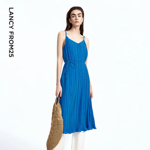 朗姿设计感蓝色重工压褶吊带裙V领度假风腰带裙2025年夏季 新款