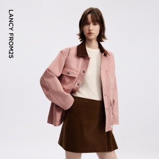 新款 朗姿翻领撞色巴恩风复古短外套时尚 简约干练上衣女2026年春季