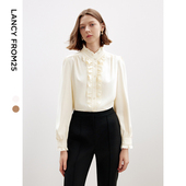 衬衫 新款 复古设计感立领衬衣女上衣气质捏褶白秋季 朗姿宫廷风法式