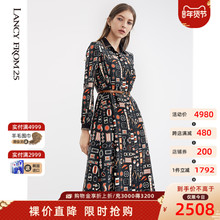 朗姿高腰真丝印花女装冬季黑色印花连衣裙商场同款图片