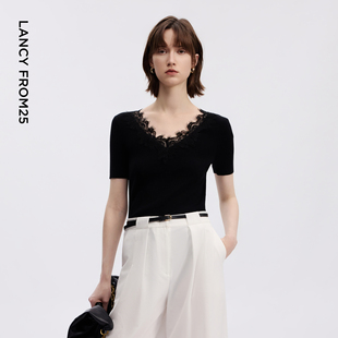 新款 朗姿25法式 高级打底2026年夏季 设计感针织衫 莱赛尔蕾丝领修身