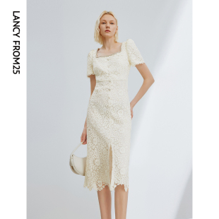 设计感连衣裙女 新款 朗姿法式 气质方领高级感蕾丝礼服裙2024年夏季