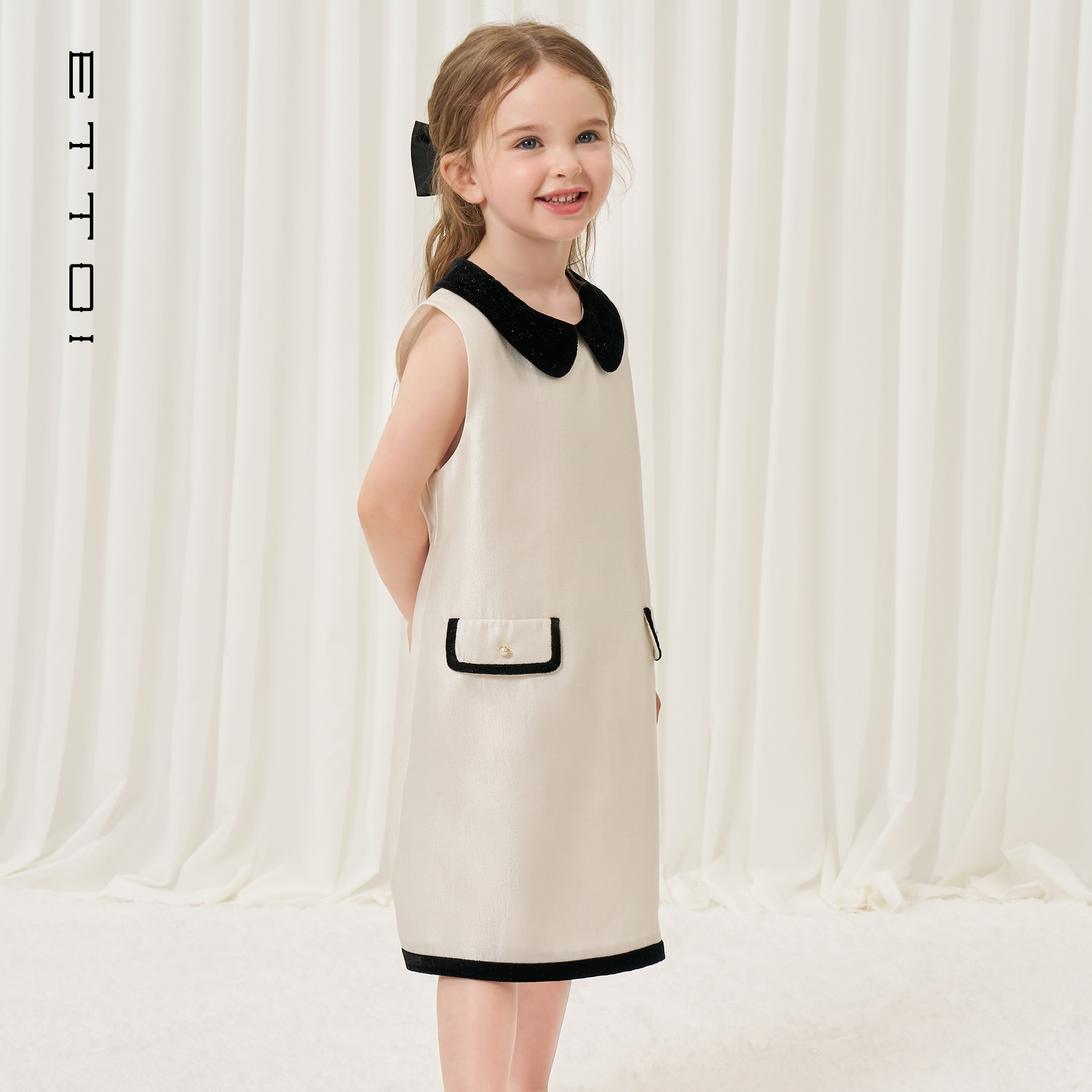 ETTOI爱多娃2025年秋季新款经典黑白珍珠小香风千金感洋气连衣裙