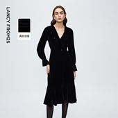 朗姿真丝丝绒v领收腰连衣裙气质高级感轻礼服裙2025年冬季 女 新款