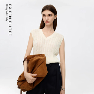 亚麻针织马甲女 高级绞花V领无袖 朗姿欧洲EiLEEN ELITEE2025秋新款