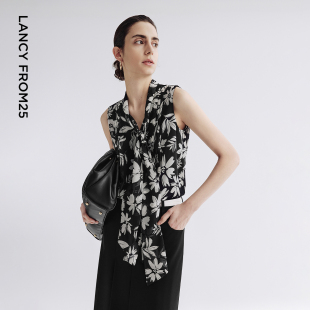 新款 朗姿25大花飘带领衬衫 黑白印花通勤夏季 短袖 上衣女 塔克褶无袖