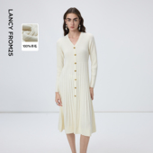 女 新款 朗姿25纯羊毛v领收腰显瘦长袖 针织裙气质设计感连衣裙冬季