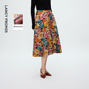 新款 朗姿法式 重工高端半裙纯羊毛艺术印花高腰女2025年冬季