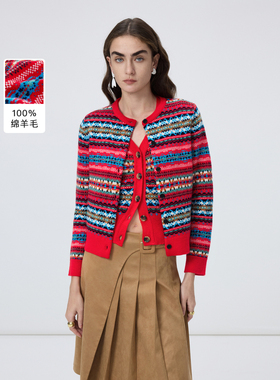 【MONEY HONG】朗姿圆领费尔岛针织开衫通勤毛衣/马甲气质套装女