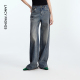 新款 2025年秋季 水洗设计感休闲长裤 朗姿纯棉复古喇叭阔腿牛仔裤