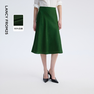 新款 复古夏季 半身裙气质百搭通勤a字设计感时尚 朗姿25亚麻中长款