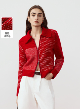 【MONEY HONG】朗姿羊毛翻领肌理感时尚针织开衫女2026年春季新款