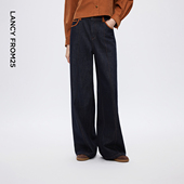 新款 朗姿直筒高腰撞色阔腿牛仔裤 复古蓝设计感高级感女2025年冬季