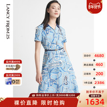 朗姿夏季法式蓝色印花清爽度假桑蚕丝真丝收腰显瘦连衣裙女装图片