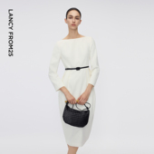 新款 朗姿收腰一字领法式 黑色连衣裙通勤赫本风花苞长裙2025年冬季