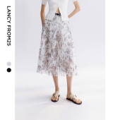 百褶半裙 新款 朗姿风琴褶a字网纱中长款 印花双色半身裙2025年夏季
