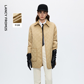 朗姿英伦复古老钱风菱格棉衣女翻领卡其色宽松上衣2025年冬季 新款