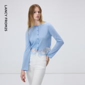 新款 朗姿蓝色简约蕾丝拼接针织开衫 女优雅设计感毛衣2026年春季