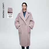 朗姿绵羊毛优雅廓形摩登风毛呢外套慵懒颗粒大衣女2025年冬季 新款