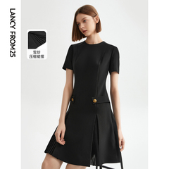 朗姿法式复古气质轻礼服小黑裙夏新款高级感显瘦中长款黑色连衣裙